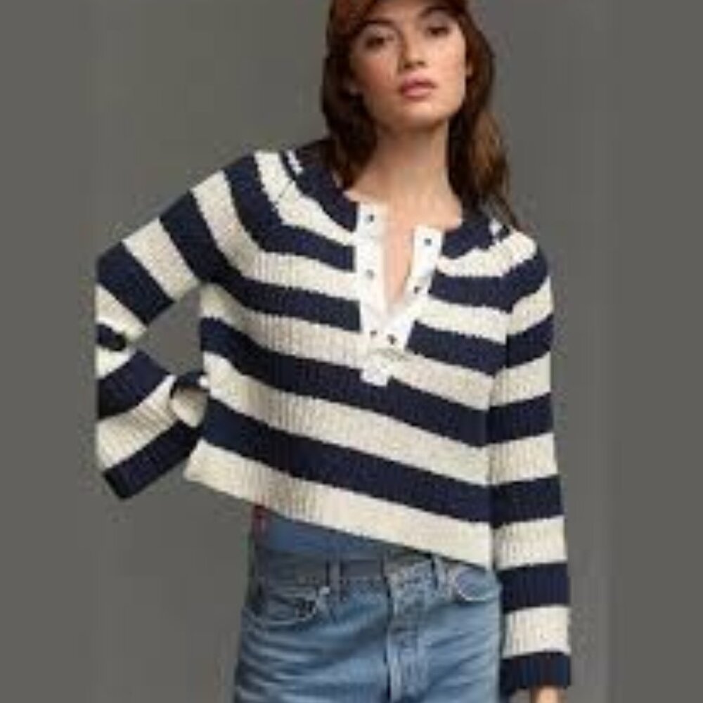 Anthropologie Pilcro Striped Nautical Chic Bell Sleeve Henley Sweater Medium